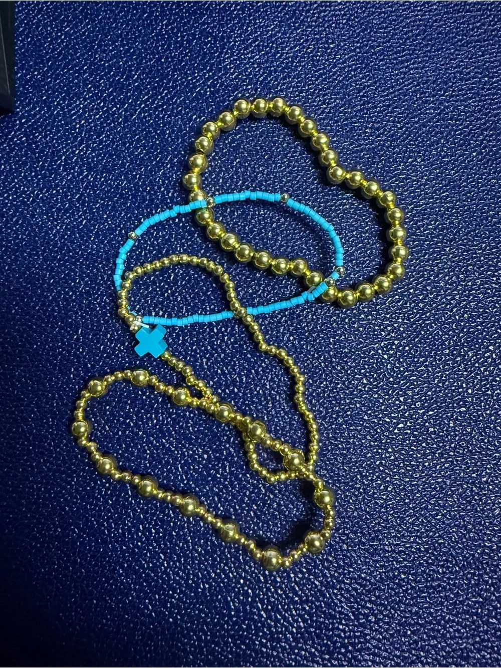 Gold Bead and Turquoise Cross Stackable Bracelet Set 4-piece